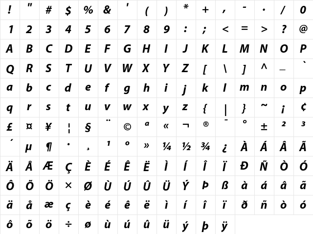 Myriad Bold Italic  glyph index