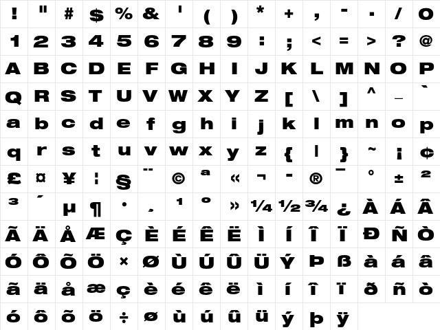 Helvetica Neue 93 Black Extended  glyph index