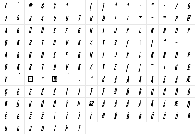 Chinese Rocks Cnd Bold Italic  glyph index