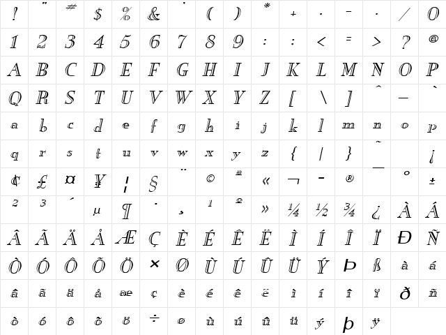 New England-Engraved-Extended Italic  glyph index