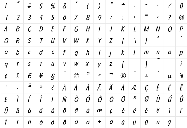 FloridaSerial Italic  glyph index