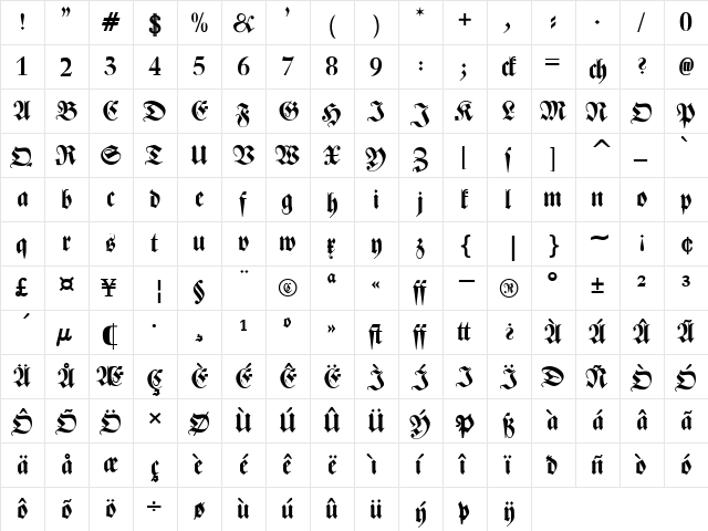Zentenar Fraktur Bold  glyph index