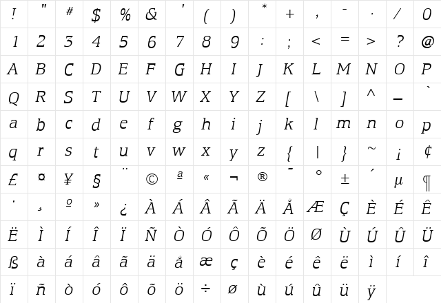 EquestrienneLightItalic Roman  glyph index