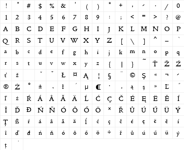 GoldenTypItcTEE Regular  glyph index