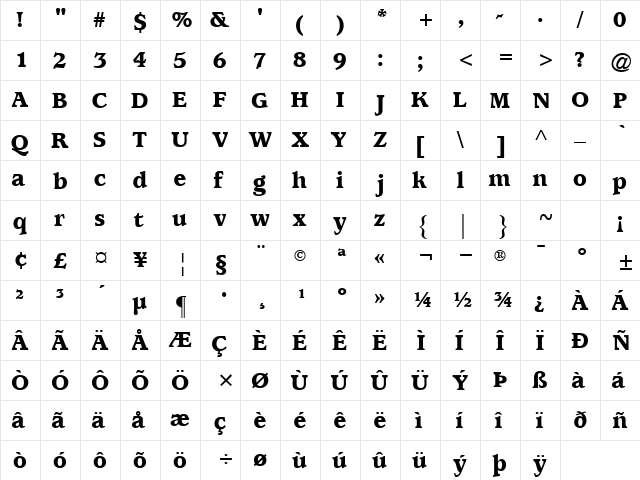 ExpositionBlackSSK Regular  glyph index