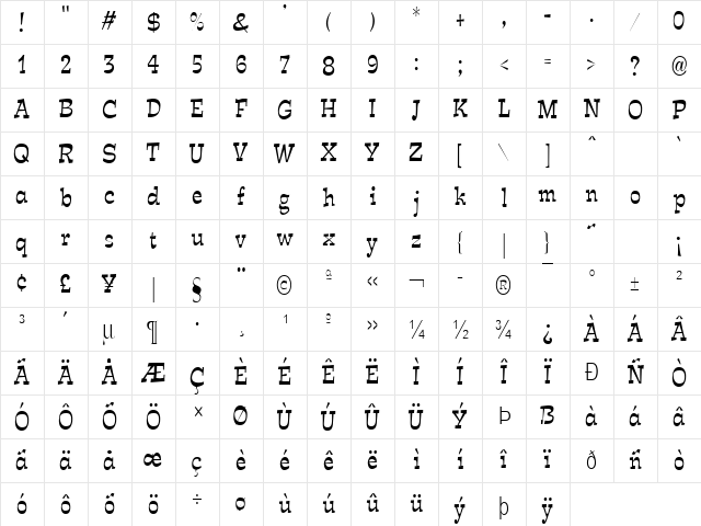 Expose Thin Condensed Normal  glyph index