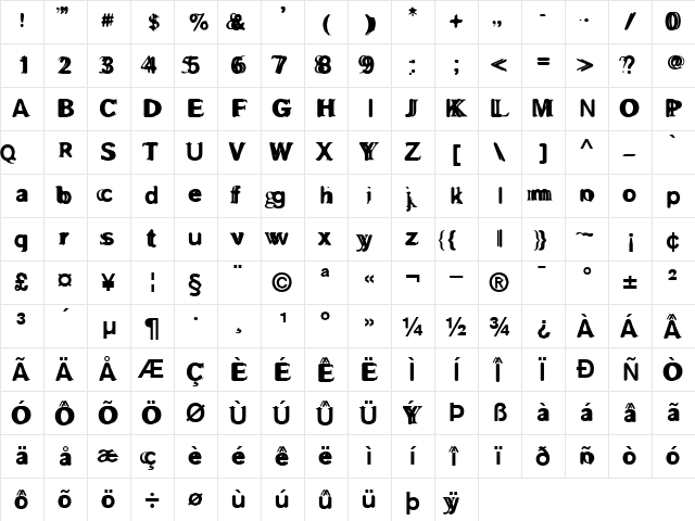 GrossAkzidentFucked Regular  glyph index