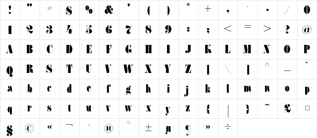 FatFaceC Regular  glyph index