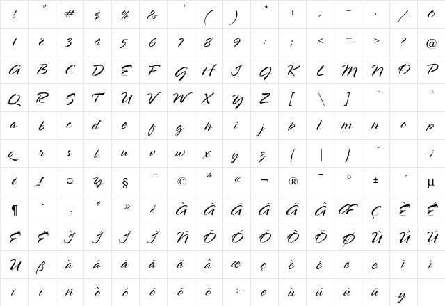 SpringLight Regular  glyph index