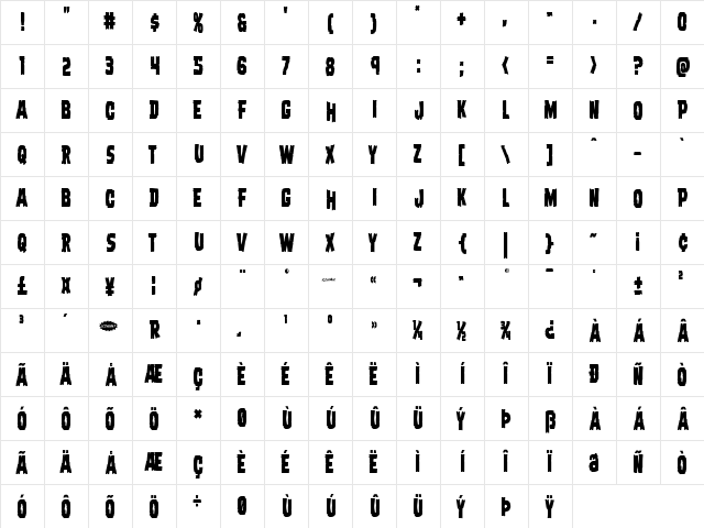 Dread Ringer Condensed Condensed  glyph index