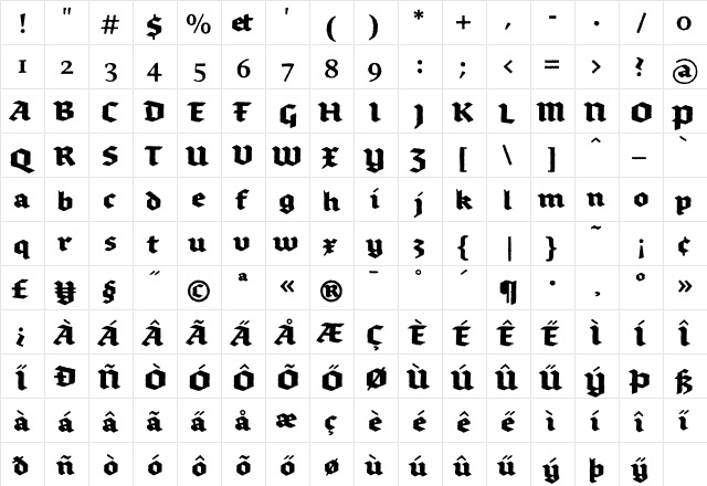 Brokenscript-BoldRough Regular  glyph index