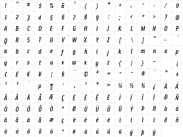 SolexMediumItalic Regular  glyph index