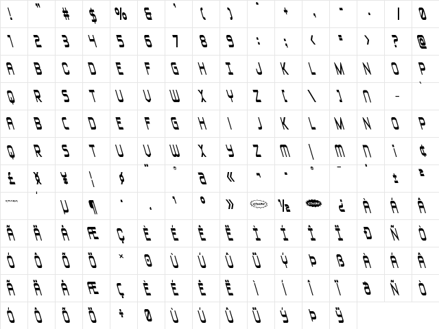 Blizzard Shaft Leftalic Regular  glyph index