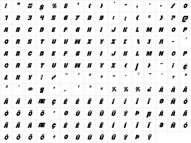 Freedom Fighter Condensed Italic Condensed Italic  glyph index