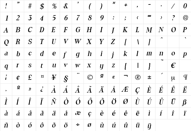 Toledo-MediumIta Regular  glyph index