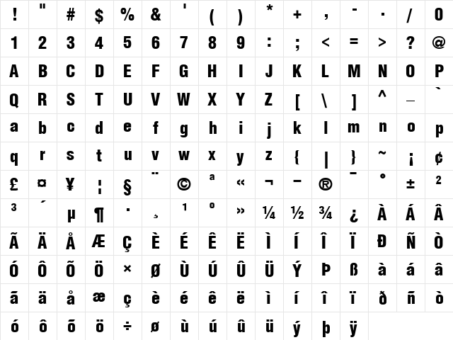 Helvetica Regular  glyph index