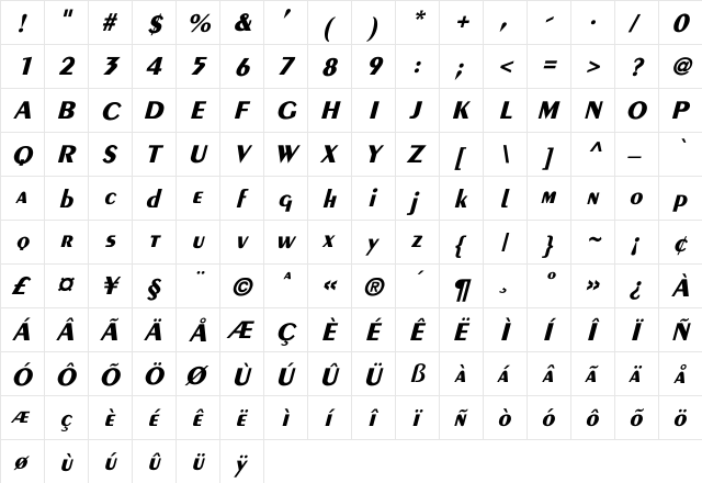 Peignot-Demi-Bold Italic Italic  glyph index