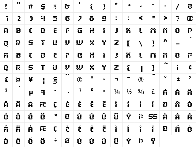 Dex Gothic D Regular  glyph index