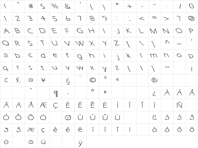 Presence 9 Regular  glyph index
