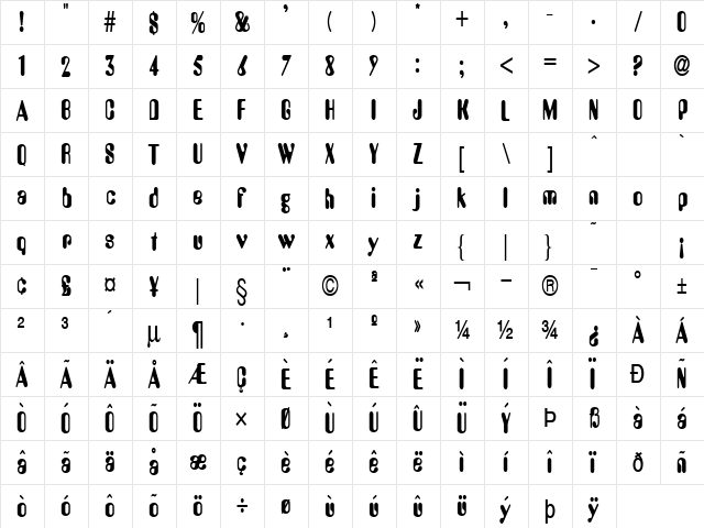 Amos Thin Bold  glyph index