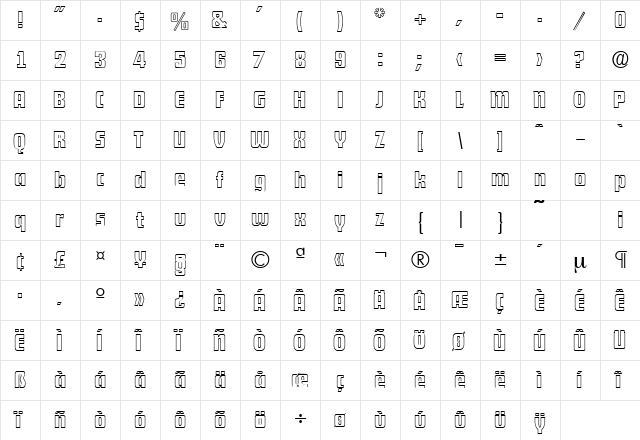 DekoDisplayOpen-Serial DB Regular  glyph index