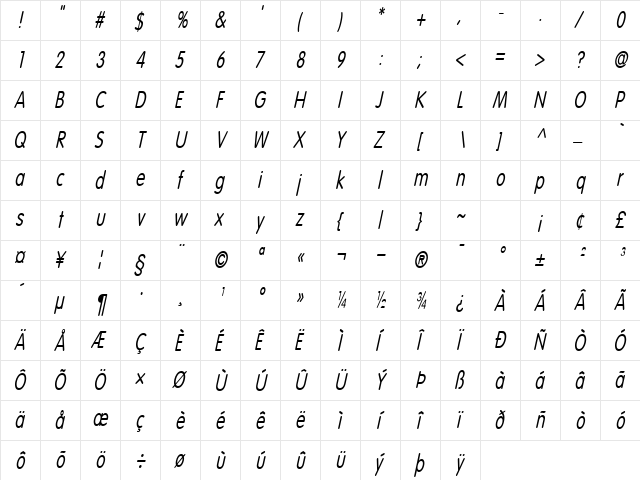 CorporateRoundedCondensed Oblique  glyph index