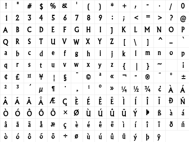 Flair-Condensed Bold  glyph index