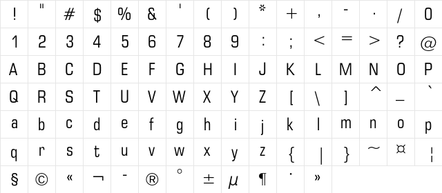 EuropeCondensedC Regular  glyph index