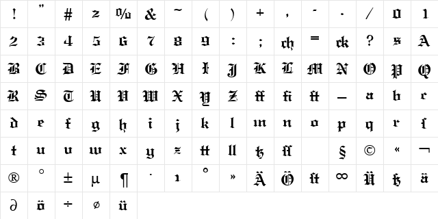 EnglishGravure Bold  glyph index