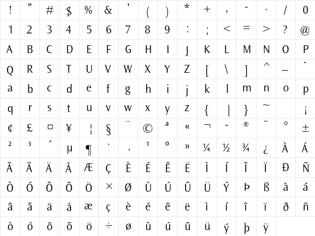Ocean Sans Std Light  glyph index