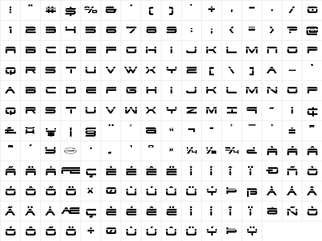 Dodger Laser Regular  glyph index