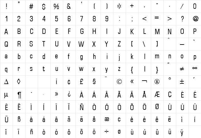 EurasiaCond Regular  glyph index