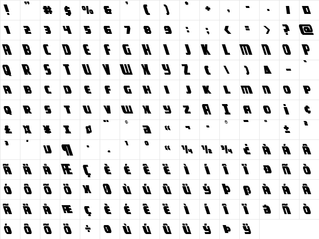 Camp Justice Leftalic Italic  glyph index