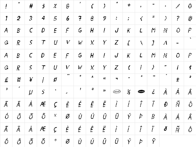 Blood Drenched Staggered Ital Regular  glyph index
