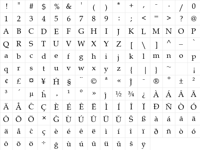 Book Antiqua Eo Regular  glyph index