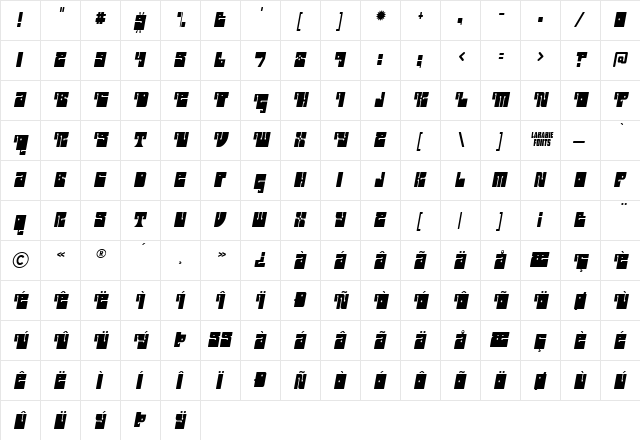 Outright Regular  glyph index