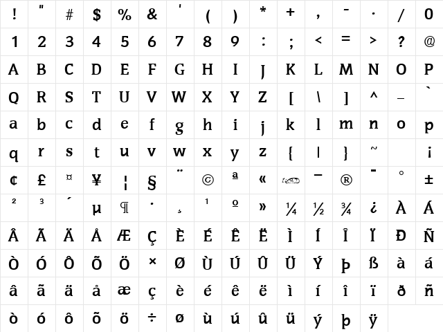 Senate Bold  glyph index