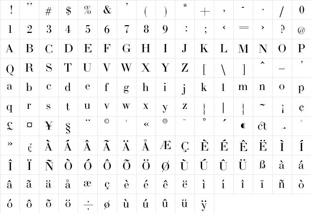 BodoniZL Regular  glyph index