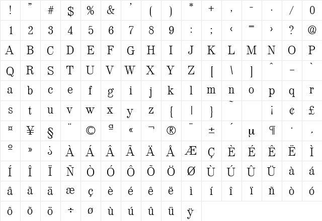 Valencia-Serial-Light Regular  glyph index
