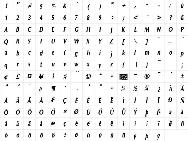OptaneCompactExtrabold Italic  glyph index
