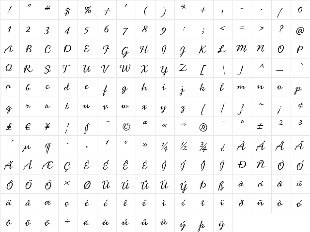 Handsome Regular  glyph index