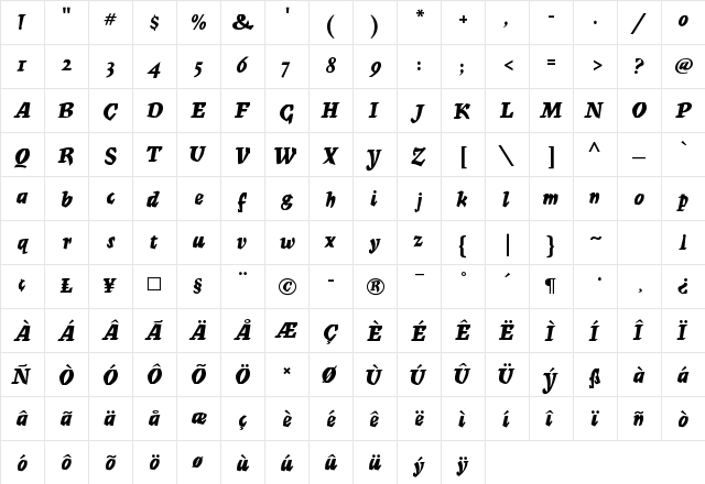 Mercurius Regular  glyph index