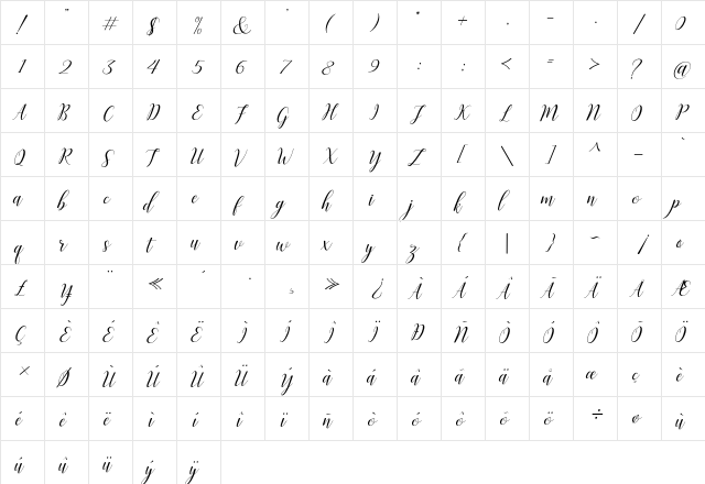 Challista Regular  glyph index