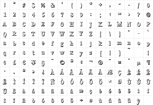 CalgaryShadow-Medium Regular  glyph index
