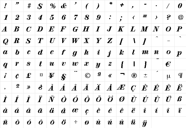 Valencia-ExtraBoldIta Regular  glyph index