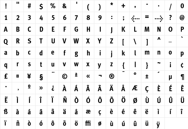 MetroMeta CondBold  glyph index