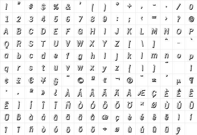 HamburgShadow Italic  glyph index