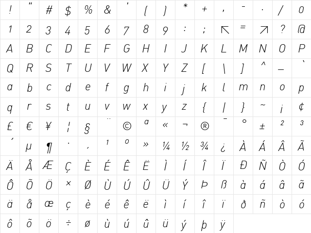 DIN-LightItalicAlt Regular  glyph index