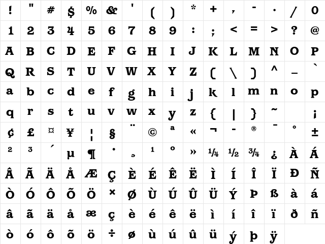 Barcelona ITC Std Heavy  glyph index