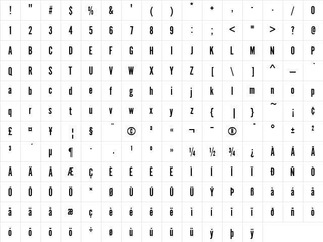 Alternate Gothic No1 D Regular  glyph index